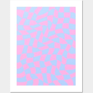 Blue and Pink Wavy Checkered Pattern Posters and Art